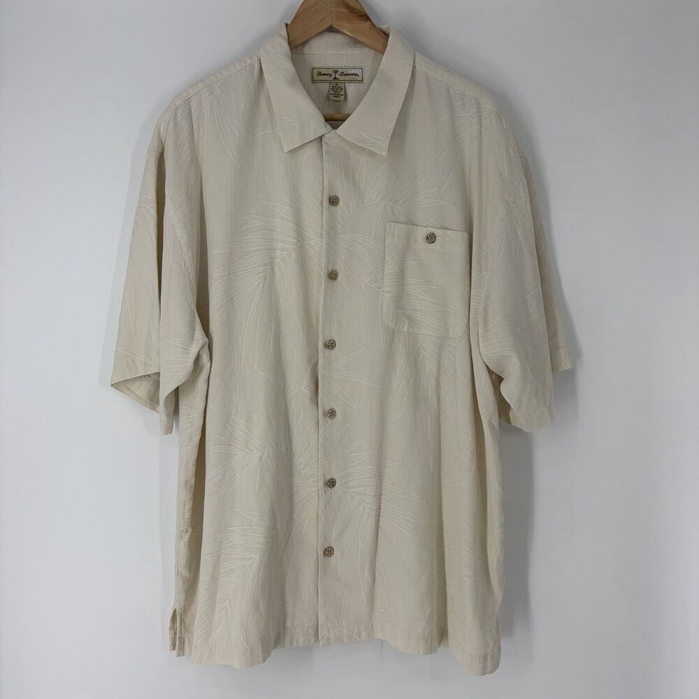 Tommy Bahama Shirt Size XL Men Ivory Button Down Silk Short Sleeve Palm Jacquard